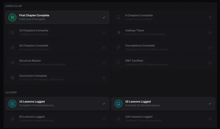 The achievements page: badge cards grouped under Curriculum and Lessons, some unlocked with a check mark and the rest locked.