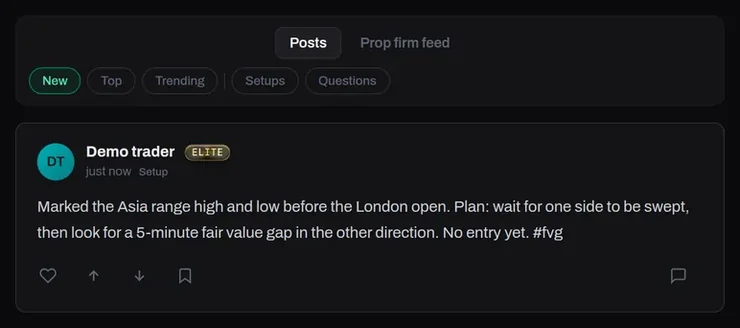 A Trading Floor post with author, Setup flair and reply buttons.