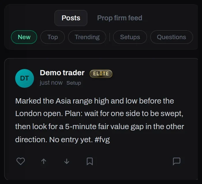 The Trading Floor on a phone, with the filters and one post.