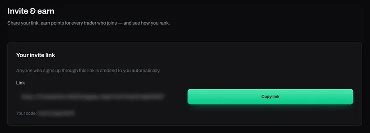 The Invite and earn page: the invite link (blurred) with a Copy link button and the member code (blurred).