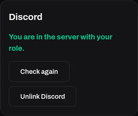 The Discord card on an example community page: the member is in the server with their role, with buttons to check again or unlink.