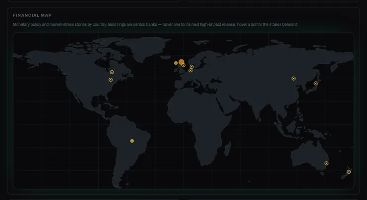 Financial map: a world map with gold rings on central banks and dots for market-stress stories.