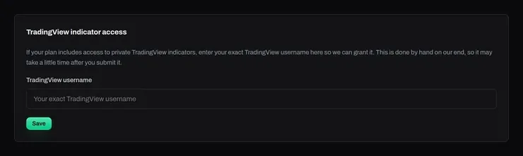 The TradingView indicator access panel: a TradingView username field and a Save button.