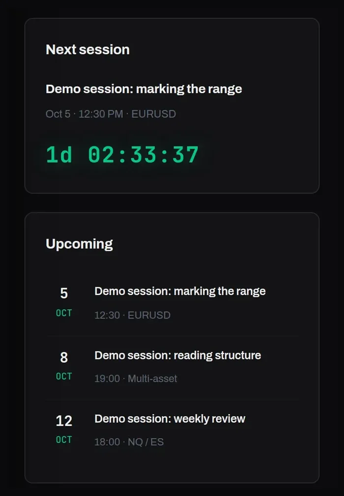 The sessions page on a phone: the Next session countdown and the Upcoming list.