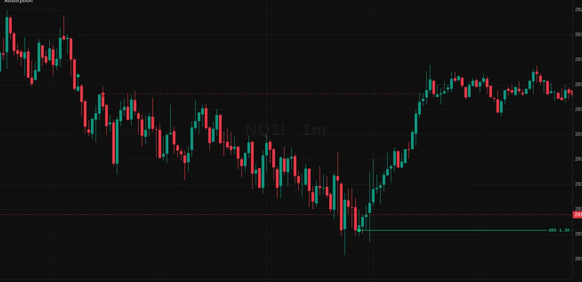 NQ one-minute chart with an absorption level marked near the session low and extended to the right.